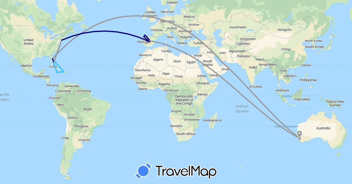TravelMap itinerary: driving, plane, boat in United Arab Emirates, Australia, Spain, Haiti, Jamaica, United States (Asia, Europe, North America, Oceania)